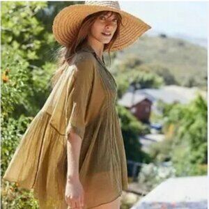 Free People Fp One Aiden Green Gauzy Tunic Button Short Sleeve Top Sz M